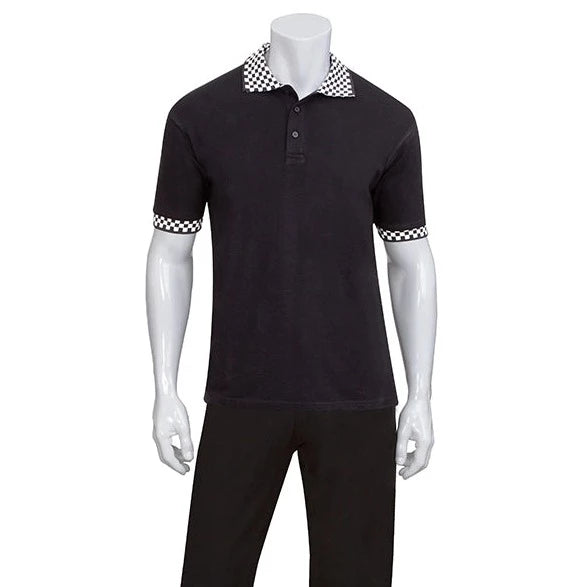 Polo Shirt - Black - Check Collar - Extra Large