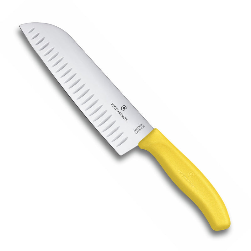 Santoku Knife Fluted Wide Blade 17cm - Yellow