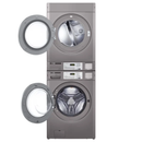 LG Giant C 10kg stacked commercial washer and gas dryer with both doors open showing drums
