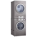 LG Giant C CWG27MDQRS coin washer and CDG27RUQES electric dryer stacked, angled view