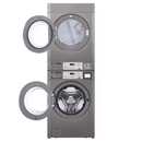 LG Giant C 10kg stacked coin washer and electric dryer with both doors open showing drums