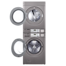 LG Giant C stacked double gas dryer with both doors open showing drums