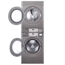 LG Titan C 15kg coin operated commercial washer and gas dryer stacked, front view with doors open showing the drum b