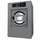 Domus DLS-28 TOUCH II 28kg low spin commercial washer, angled view with touchscreen and emergency stop