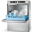 Hobart Ecomax 504-C dishwasher with door open, rack loaded with plates, wine glasses and a cutlery basket of utensils