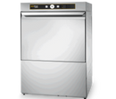 Hobart Ecomax 504-C undercounter dish and glasswasher in stainless steel with door closed, angled front view