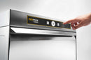 Hand reaching for the single-button control panel and digital display on the Hobart Ecomax dishwasher