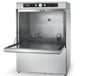 Hobart Ecomax 504-C dishwasher with door open showing the empty stainless steel wash chamber and rack guides