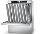 Hobart Ecomax Plus F515L-D dishwasher with door open, loaded with eight full-size baking trays standing upright