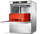 Hobart Ecomax Plus F515L-D dishwasher with door open and a large red plastic crate loaded in the wash chamber