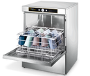Hobart Ecomax Plus F515-D dishwasher with door open, wire rack loaded with upturned coloured tumblers