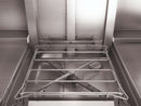 Inside the Hobart Ecomax 604 hood dishwasher showing the rack guide, rotating wash and rinse arms and tank strainer