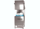 Hobart Ecomax 604 hood type dishwasher with hood raised and a rack of dinner plates in the wash chamber