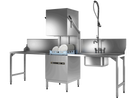 Hobart Ecomax 604 hood dishwasher with a side table, sink bench with pre-rinse spray and racks of plates