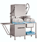 Hobart Ecomax 604 hood dishwasher installed between an outlet bench and a sink bench with pre-rinse spray