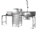 Hobart Ecomax Plus H615 hood dishwasher with hood closed, installed between an outlet bench and a sink bench with pre-rinse spray
