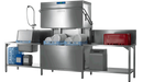 Hobart Profi AMXT double hood dishwasher with hood raised and two racks of plates, in a dish line with a sink, outlet table and water treatment unit