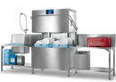 Hobart Profi AMXT-V double hood dishwasher with two racks of plates loaded, set up between a sink bench and an outlet table with a red crate