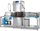 Hobart Profi AMXXL hood dishwasher with hood raised and a tall bakery crate loaded, in a dish line with trays, plates and a water treatment unit