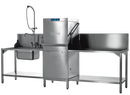Hobart Profi AMX hood dishwasher with hood closed, installed between a sink bench with pre-rinse spray and an outlet bench