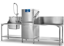 Hobart Profi AMX hood dishwasher with hood closed, installed between a sink bench with pre-rinse spray and an outlet bench