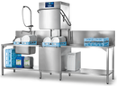 Hobart Profi AMX hood dishwasher with hood raised and plates loaded, alongside a Hobart reverse osmosis unit and glass racks