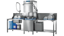 Hobart Profi AMX hood dishwasher with hood raised and a rack of pots and cutlery, set up in a dish line with a Hobart water treatment unit