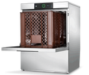 Hobart Profi FXL dishwasher with door open and a tall brown bakery crate loaded in the wash chamber