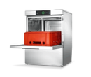 Hobart Profi FXL dishwasher with door open and a red plastic crate loaded in the wash chamber