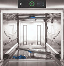 Inside the Hobart Profi FX showing the upper and lower clip-in wash arms, tank strainer and touchscreen control