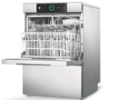 Hobart Profi GC glasswasher with green-lit touchscreen control and rack of wine glasses and tumblers, angled view
