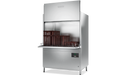 Hobart Profi UXT utensil washer with door raised and stacked brown bakery crates across the wide rack