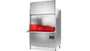 Hobart Profi UXT utensil washer with door raised and three red plastic crates side by side on the wide rack