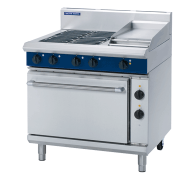 Blue Seal 900mm electric range static oven, 4 x 2.4kW open radiant elements, 300mm griddle plate