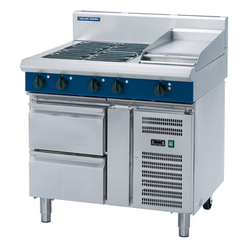 Blue Seal 900mm Electric Cooktop Refrig Base 2x1/1GN Drawers - 4 x 2.4kW Open Burners 300mm Griddle