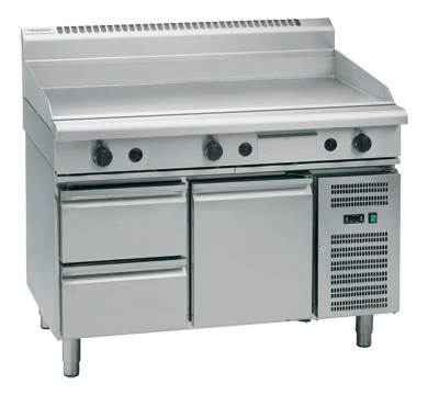 Waldorf Bold 1200mm Gas Griddle Low Back Refrigerated Base