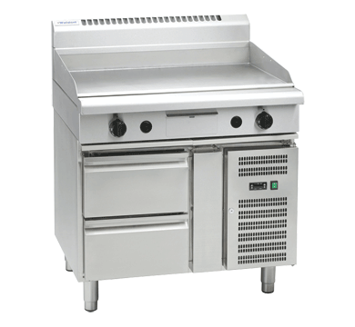 Waldorf Bold 900mm Gas Griddle Low Back Refrigerated Base