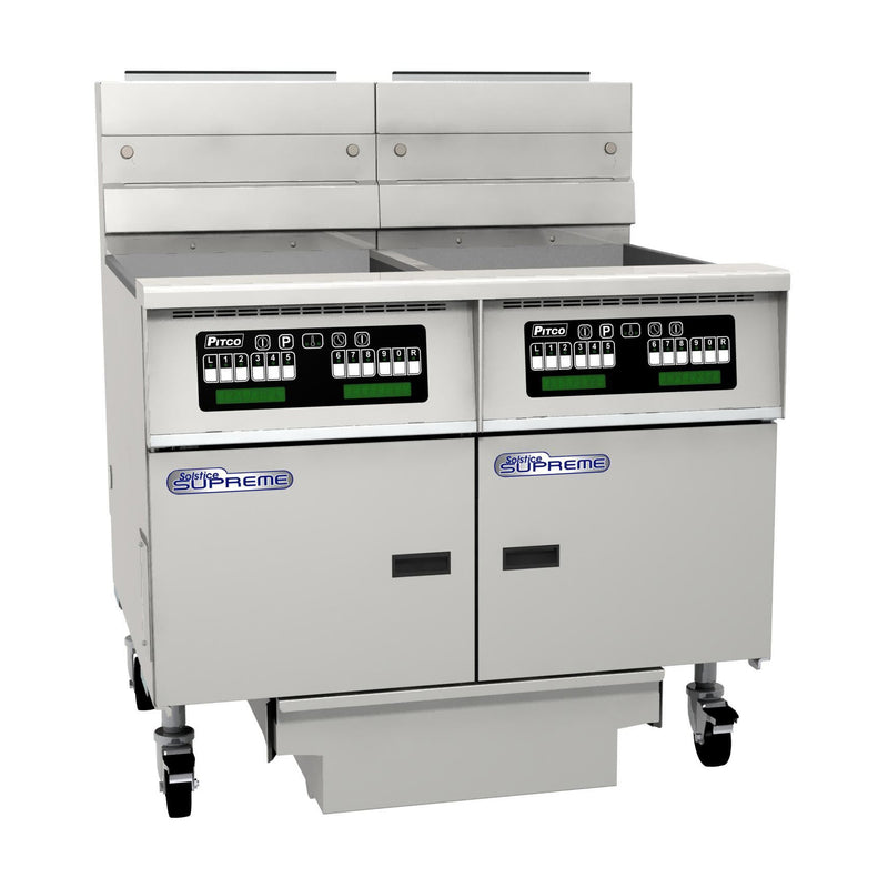Pitco SSH75-FD/FF Solstice Supreme Double Gas Fryers w/ Solid State Control & Filter Drawer On Caste
