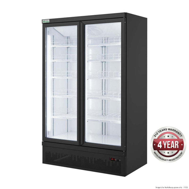 Thermaster 960L Double Glass Door Black Colourbond Upright Supermarket Freezer Bottom Mounted 1253 x 760 x 1997mm