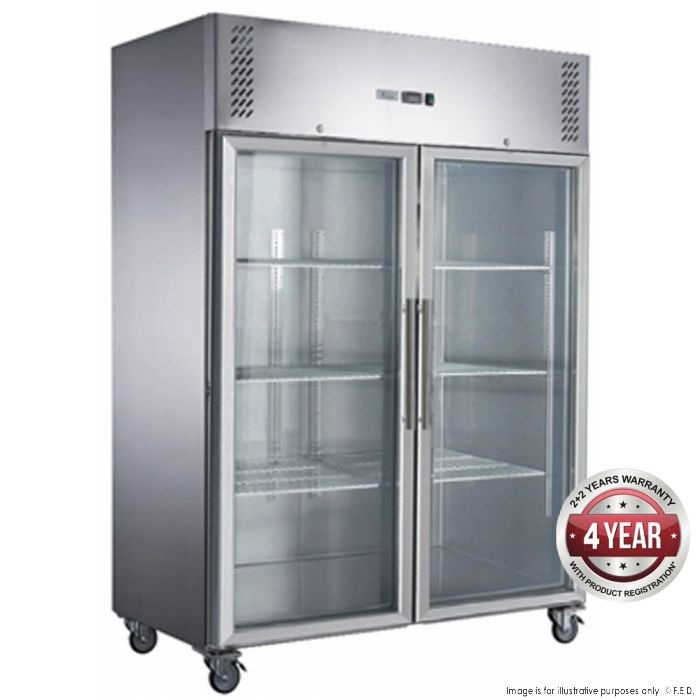 1200L S/S Two Full Glass Door Upright Freezer 1340x810x2000mm 700W/10A