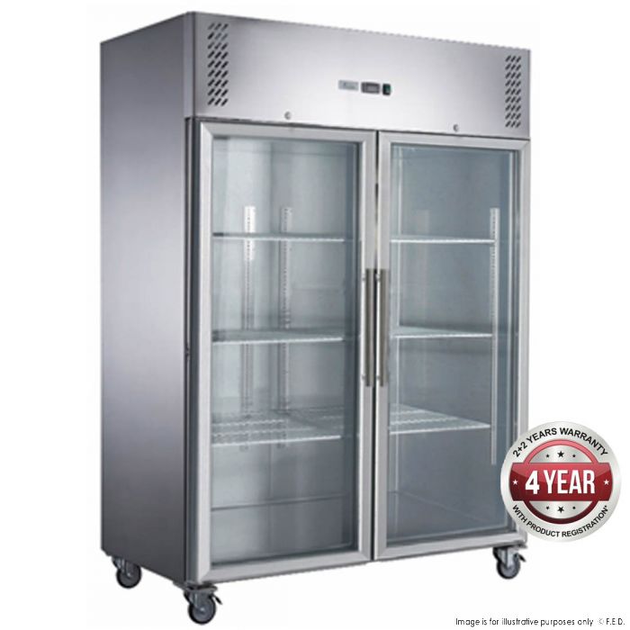 1200L S/S Two Full Glass Door Upright Fridge 1340x810x2000mm 400W/10A