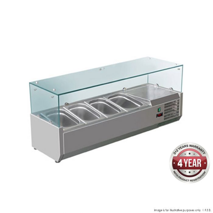 Bench Top Salad Bar with Flat Glass Top Hold 4 x 1/3 Pans 1200X395X439mm 110W/10A