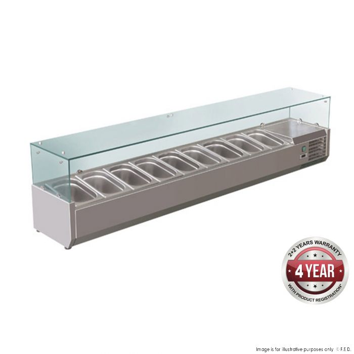 Bench Top Salad Bar with Flat Glass Top Hold 9 x 1/3 Pans 2000X395X439mm 110W/10A