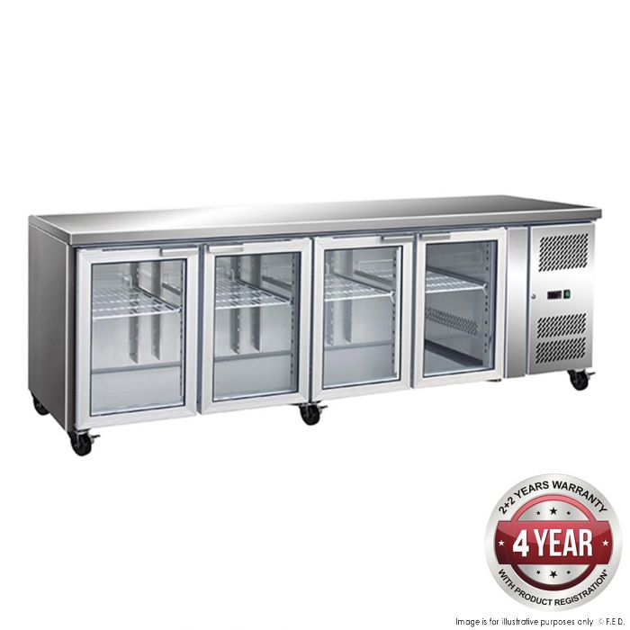 Thermaster 615.8L Glass Four Door Bench Fridge 2230 x 700 x 850mm