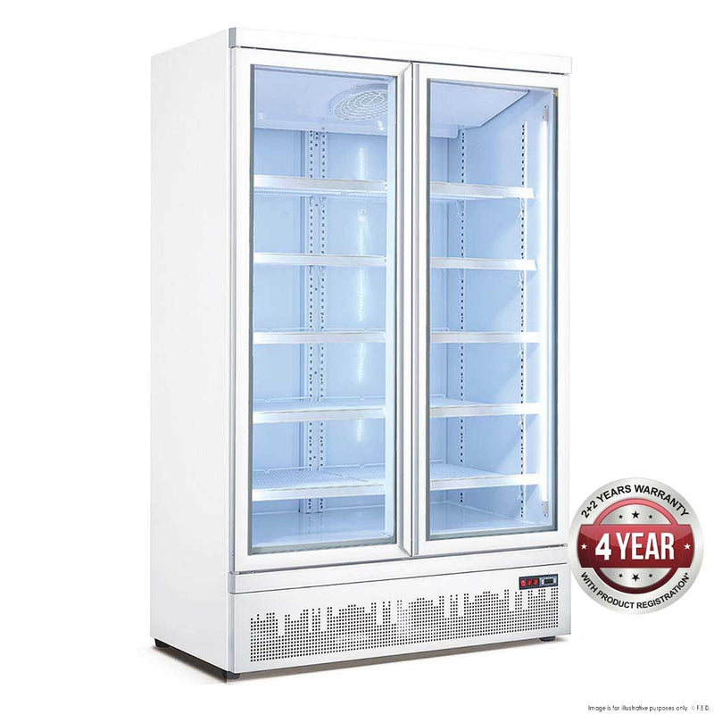 Thermaster 1000L Double Glass Door Colourbond Upright Supermarket Fridge 1253 x 710 x 1990mm