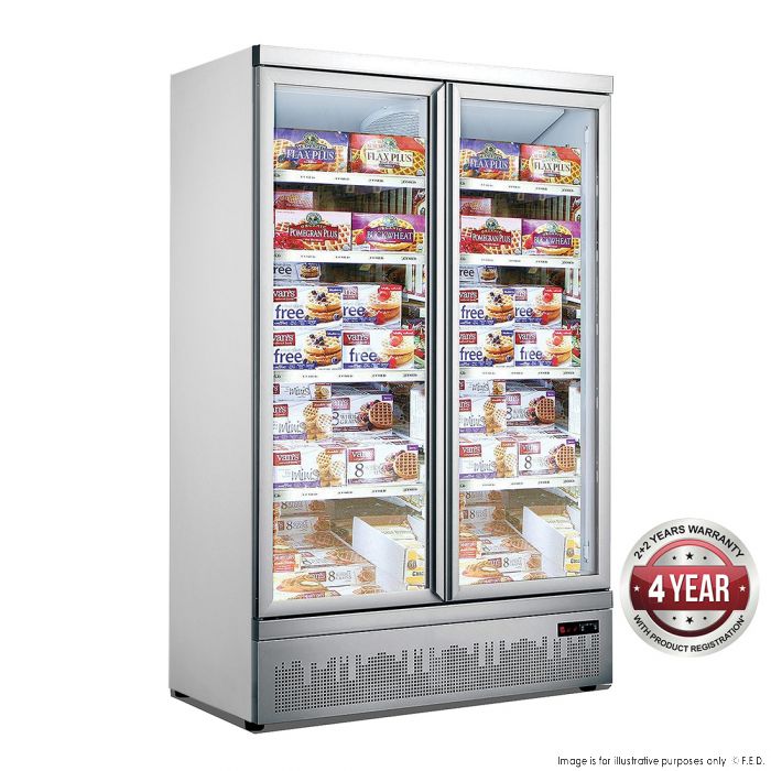 Thermaster 960L Double Glass Door Colourbond Upright Supermarket Freezer Bottom Mounted 1253 x 710 x 1990mm