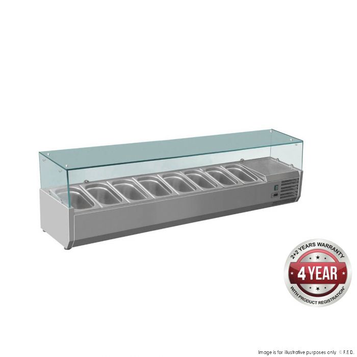 Bench Top Salad Bar with Flat Glass Top Hold 8 x 1/3 Pans 1800X395X439mm 110W/10A