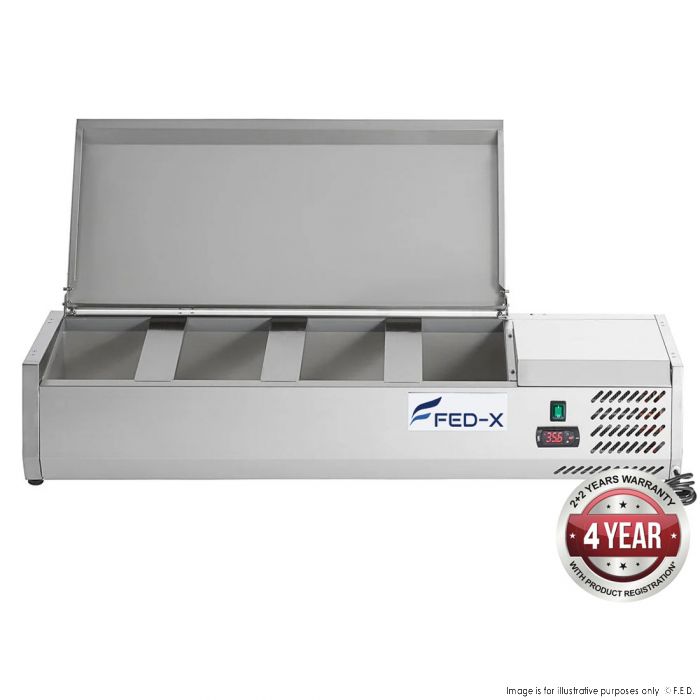 Bench Top Salad Bar with Stainless Steel Lid Hold 4 x 1/3 Pans 1200X395X281mm 110W/10A