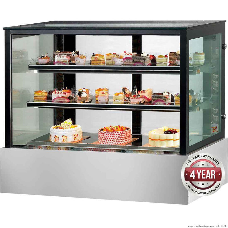Black Trim Square Glass Cake Display 2 Shelves 1500x700x1100mm
