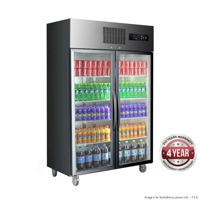 Thermaster Double Glass Door Black Stainless Steel Upright Fridge 1000L